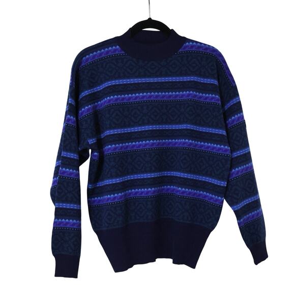 Vintage Demetre AOP Fair Isle Striped Navy Purple Wool Ski Sweater L 80s Granny - Picture 1 of 8